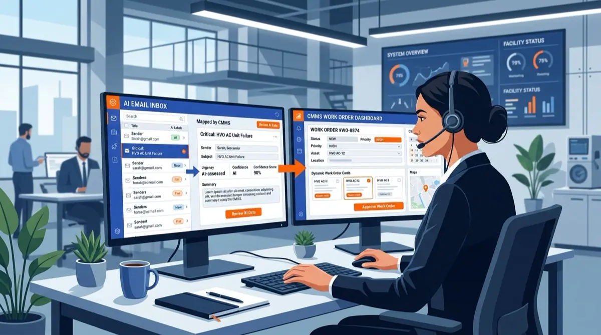 Diszpécser AI-alapú e-mail ticket dashboardot néz a monitoron