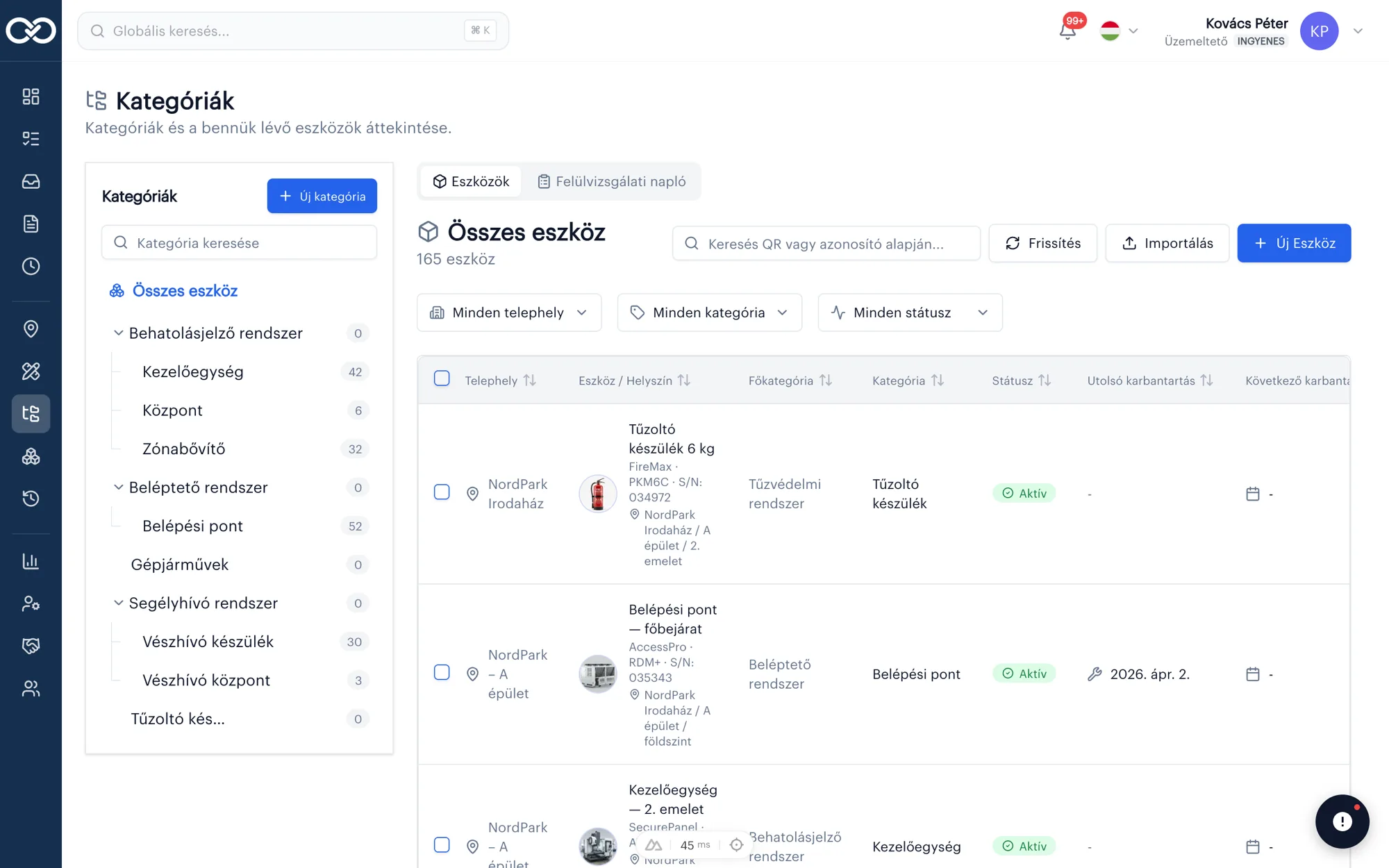 SafetyPro Digitális Napló — eszközkategóriák és eszközlista